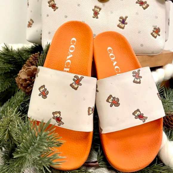 COACH Udele Sport Pool Slides Snowy Bear Chalk/Orange Women's Various Sizes NEW - Picture 2 of 8
